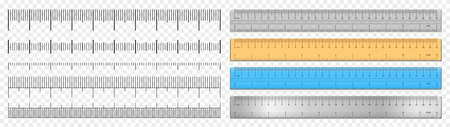 Realistic tape rulers and scale measure set isolated on transparent background. Plastic, metal and wooden double sided measurement in cm and inches. Length measurement scale chart. Vector illustrationのイラスト素材