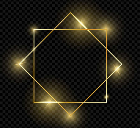Gold shiny glowing vintage art frame with shadows isolated on transparent background. Golden luxury realistic border. Wedding, mothers or Valentines day concept. Xmas and New Year abstract. Vectorのイラスト素材