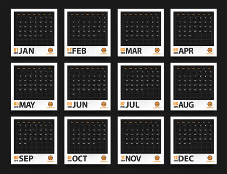 2019 calendar mockup in realistic photo frame with shadows isolated on black background. Event planner. All size. Vector illustrationのイラスト素材