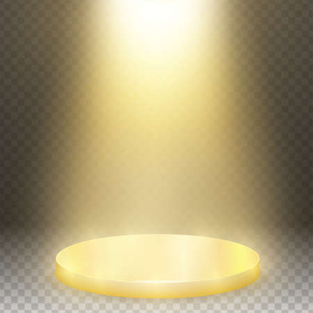Gold round pedestal sanctified with light. Empty white podium illuminated mockup isolated on transparent background. Champion, first place, award, win, winner, award stair concept design. Vectorのイラスト素材