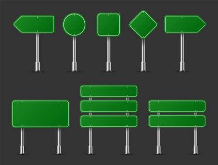 Realistic traffic signs on metal steel pole isolated. Diffrent green road panels mockup - direction highway, board text, city location, street arrows, stop, danger, warning signage. Vectorのイラスト素材