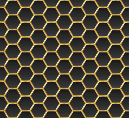 Gold and black honey hexagonal cells seamless texture. Mosaic or speaker fabric shape pattern. Golden honeyed comb grid texture and geometric hive hexagonal honeycombs. Vector illustrationのイラスト素材