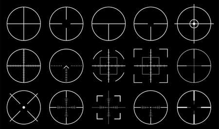Pack of sniper rifle aims isolated. Crosshairs target choose destination icons. Aim shoot focus cursor. Bullseye mark targeting. Game aiming sight dot set. Vector illustrationのイラスト素材