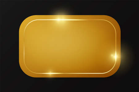 Gold shiny glowing vintage frame on plate isolated on black background. Golden luxury realistic border. Wedding, mothers or Valentines day concept. Xmas and New Year paper abstractの写真素材