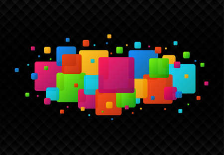 Modern colored squares glitter abstract isolated on black abstract background. Colorful particles pattern concept. New design for presentation, poster, flyer, cover, brochure, bannerの写真素材