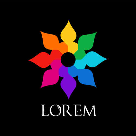 Abstract rainbow flower geometric template isolated on black background. Business abstract icon. Modern sun icon. Futuristic sign.のイラスト素材