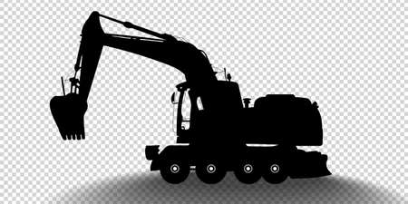 Vector detailed silhouette of excavator isolated on transparent background. Black and white vehicle icon with shadow. Vector illustrationのイラスト素材