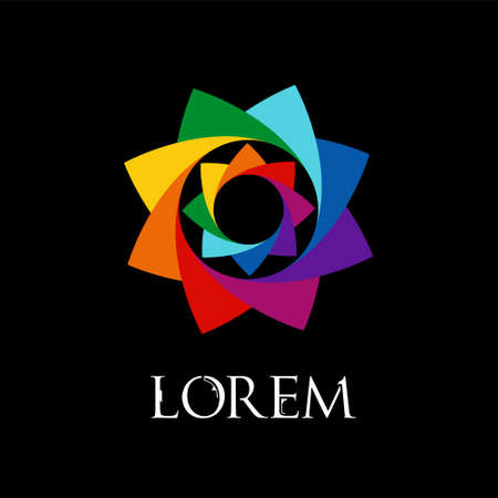 Abstract rainbow flower geometric  template isolated on black background. Business abstract icon. Modern sun icon. Futuristic sign.のイラスト素材