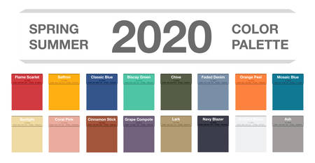 Spring and summer 2020 colors palette on white. Fashion trend guide. Palette fashion colors guide with named color swatches, RGB and HTML. Color of the year - Classic Blue. Vector illustrationのイラスト素材