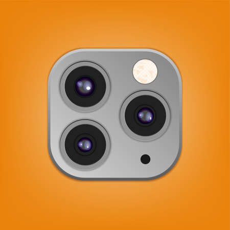 Realistic camera lenses 3D icon isolated on stylish orange ambient background. Vector Illustrationのイラスト素材