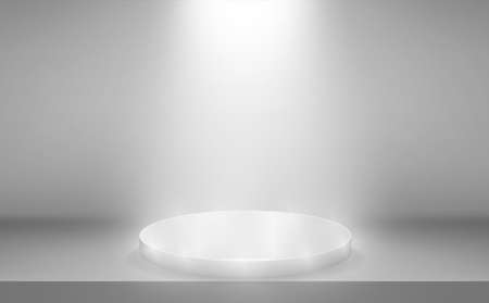 Illuminated silver scene with podium. Presentation realistic decorations. Studio empty space. Showroom concept. Vector illustrationのイラスト素材