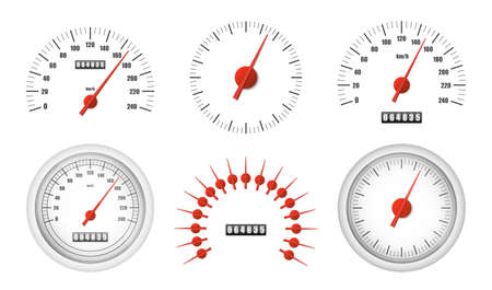 Realistic speedometer pack isolated on white background. Sport car odometer with motor miles measuring scale. Racing speed counter. Engine power concept template. Vector illustrationのイラスト素材
