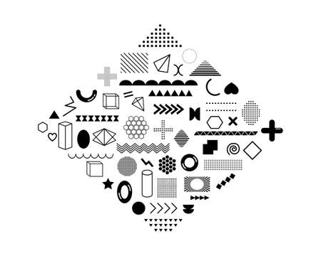 Rhombus abstract made with black geometric shapes isolated on white. Memphis design graphic unique elements. Retro and modern simple objects for banner, card, poster etc. Vector illustrationのイラスト素材