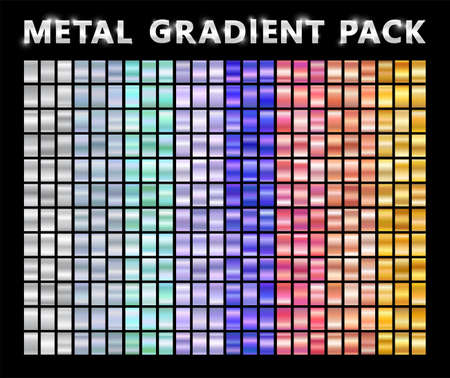 Realistic metal chrome gradient big texture pack. Shiny metal foil gradient set. Vector illustrationのイラスト素材