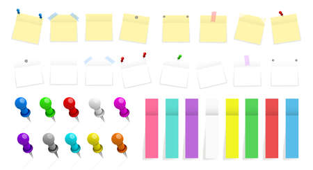 Mega pack of colored office paper stickers and metal pins with shadows isolated on white background. Reminder tag elements mock up. Vector illustrationのイラスト素材