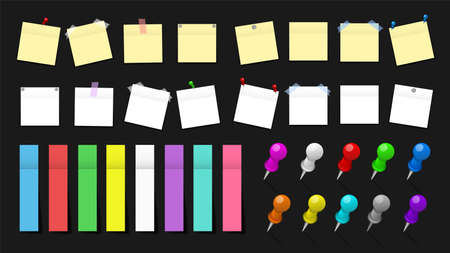 Mega pack of colored office paper stickers and metal pins with shadows isolated on black background....