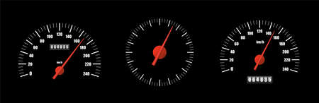 Realistic speedometer pack isolated on black background. Sport car odometer with motor miles measuring scale. Racing speed counter. Engine power concept template. Vector illustrationのイラスト素材