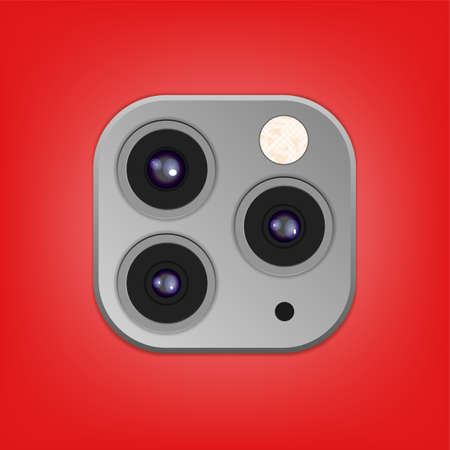 Realistic camera lenses 3D icon isolated on stylish red ambient background. Vector Illustrationのイラスト素材