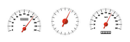 Realistic speedometer pack isolated on white background. Sport car odometer with motor miles measuring scale. Racing speed counter. Engine power concept template. Vector illustrationのイラスト素材