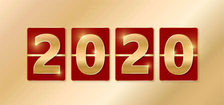 2020 golden shiny sign. New year and Christmas 2020 gold concept. Luxury numbers on banner. Congratulation or sale abtract. Red new year eve countdown. Scoreboard styleの写真素材