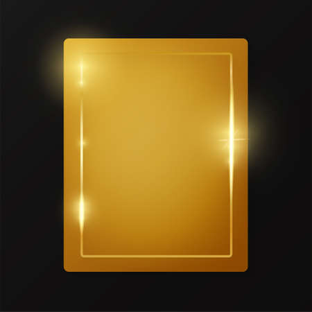 Gold shiny glowing vintage frame on plate isolated on black background. Golden luxury realistic border. Wedding, mothers or Valentines day concept. Xmas and New Year paper abstractの写真素材