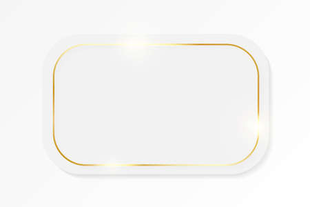Gold shiny glowing vintage frame on whte plate isolated on white background. Golden luxury realistic border. Wedding, mothers or Valentines day concept. Xmas and New Year paper abstractの写真素材