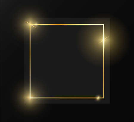 Gold shiny glowing vintage frame on grey plate isolated on black background. Golden luxury realistic border. Wedding, mothers or Valentines day concept. Xmas and New Year paper abstract. Vectorの写真素材