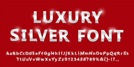 Shiny modern silver font isolated on red background. Vintage platinum numbers and letters with shadows. Detailed 3d alphabet. Typography metal steel bold mockup. Anniversary letters. Vectorの写真素材