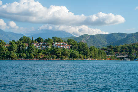Green island, sea and mountains landscape. Summer holidays concept. Tourism background. High detailed photoの写真素材