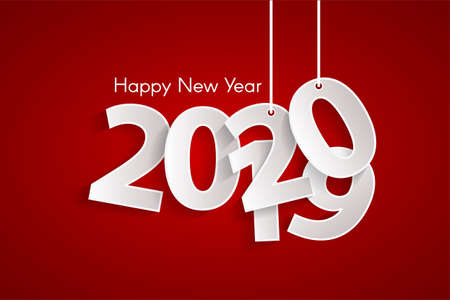 Red Happy New Year 2020 concept with paper cuted white numbers on ropes. Change year from 2019 to 2020. Origami style numbers. Christmas and Chinese New Year decorの写真素材