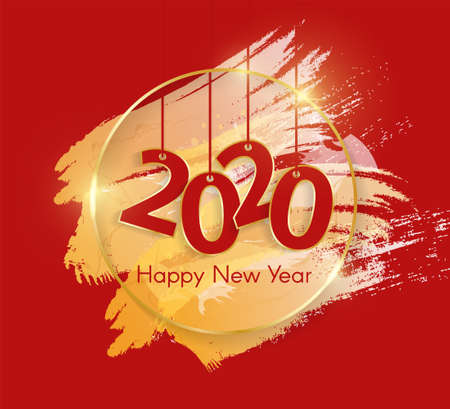 Gold shiny glowing christmas toy isolated on red. 2020 golden luxury line border for invitation, card, sale, fashion etc. Minimalistic luxury New Year 2020 conceptの写真素材
