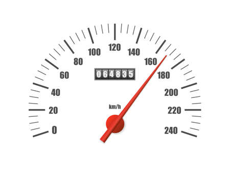 Realistic speedometer isolated on white background. Sport car odometer with motor miles measuring scale. Racing speed counter. Engine power concept templateの写真素材