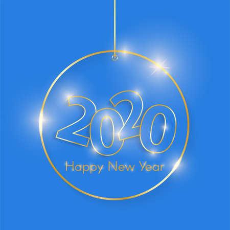 Gold shiny glowing christmas toy isolated on blue. 2020 golden luxury line border for invitation, card, sale, fashion etc. Minimalistic luxury New Year 2020 conceptの写真素材