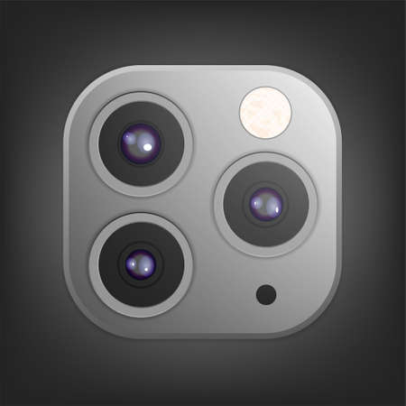 Realistic camera lenses 3D icon isolated on black ambient background. Vector Illustrationの写真素材