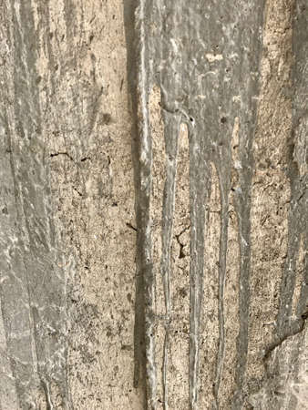 An old Rough floor is made from cement, concrete and sand. It has a hard , dirty and damage  surface. white ruined industrial brick wall with copy spaceの写真素材