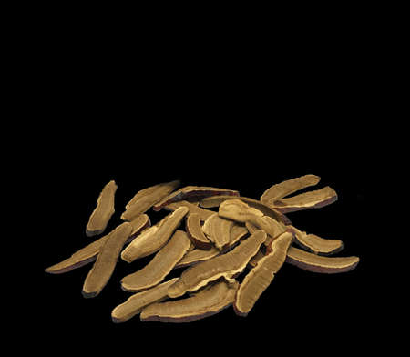Dried Lingzhi mushroom or Reishi mushroom are sliced and put on the clean white background. Isolated...