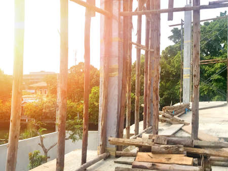 Materials for construction - putty packs, sheets of wooden, nailed, pin, metal, tack or drywall- in apartment is under construction, remodeling, renovation, extension, restoration and reconstruction.の写真素材