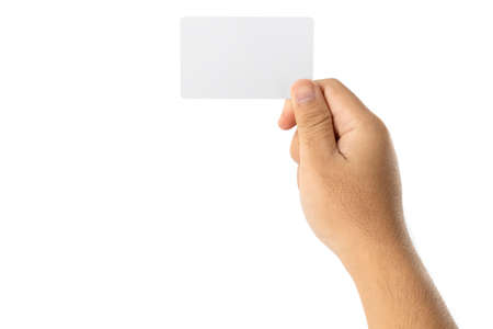 Male hand holding blank business card on white background for text or design Blank credit card templates for contact or business use.の写真素材