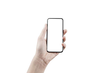 Man hand holding the black mobile phone has a white screen.