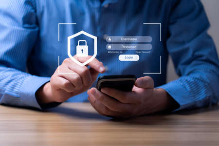Cyber login and password concept with a smartphone. Data protection and secure internet access cyber...