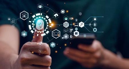 Banking data protection with fingerprint sign-up, cyber security, financial technology. Internet...