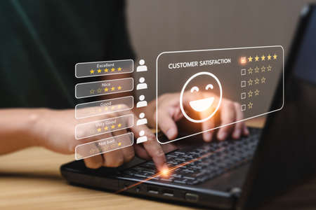 Satisfaction Concept and customer service. User give rating to service experience. Customer Opinion...