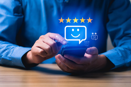 Businessman rated 5-star service with a smartphone. Concept after-sales service and comments....