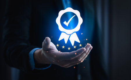 Businessman touching certificate icon, Certification and standardization process, iso certified business, conformity to international standards and quality assurance 5 star concept.の写真素材