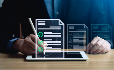 Electronic Signature Concept. Businessman signing documents online on tablet, Online document...