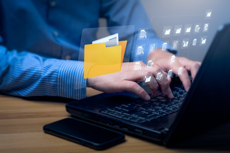 Document Management System concept. Enterprise content management, Digital asset management, Document imaging, Workflow, Records management, Online document file data software for efficient archiving.の写真素材