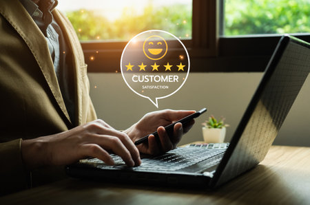 Customer review satisfaction feedback survey concept. Business people rate service experience and product quality or staff friendliness and overall value for the price. information, amend, improveの写真素材