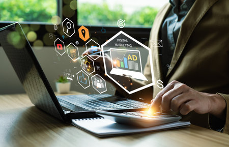 Digital online marketing commerce sale concept, Promotion of products or services through digital channels search engine, social media, email, website, Digital Marketing Strategies and Goals. SEO PPCの写真素材