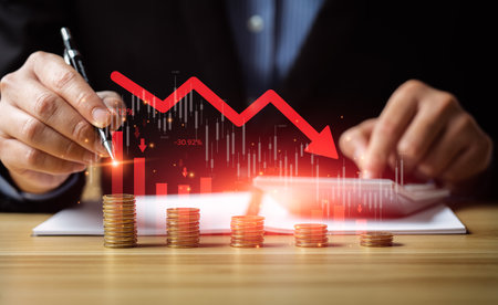 Economic collapse concept, businessman with falling financial graph chart due to global recession....