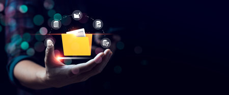 Document Management System (DMS), software to store, organize, track, and manage digital documents. Centralized repository for efficient creation, storage, retrieval, and distribution.の写真素材